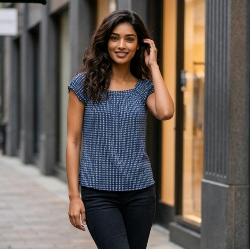 Russell Kemp NY Petite Pleated Polka Dot Blouse Black Turquoise Work Top Office